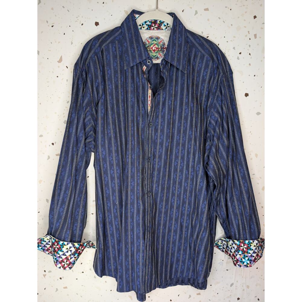 Robert Graham Long Sleeve Flip Cuff Button Shirt Men's XL Striped Geometric Blue